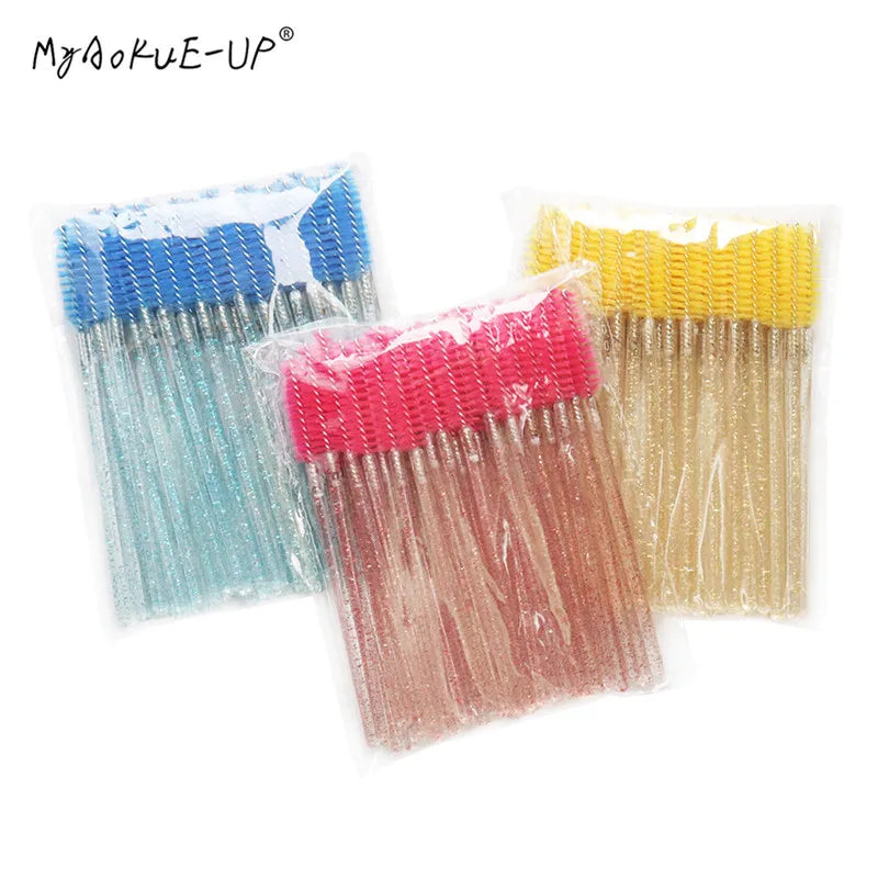 50 pcs Cosmetic Eyelash Brush Crystal Mascara Wands Applicator Diamond Eyelashes brushes Disposable Make Up brushes Tools
