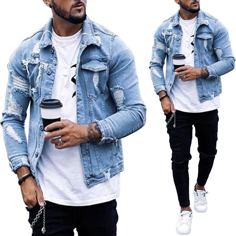 Spring and Autumn Men's Denim Jacket Ripped Hole Washed Jacket Men's