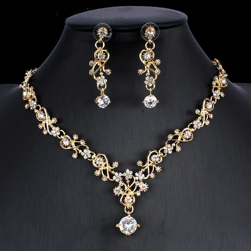 Golden Zircon Jewelry Set Bridal Necklace Earrings Wedding Two-piece Set