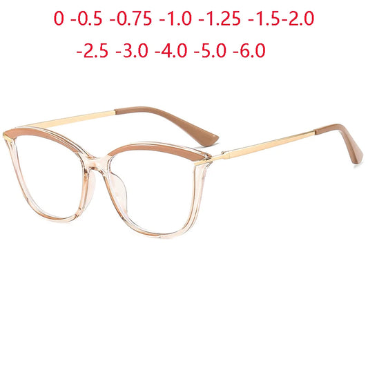 0 -0.5 -0.75 To -6.0 Champagne Frame Cat Eye Prescription Glasses Astigmatism Blue Light Blocking Women Minus Diopter Eyewear