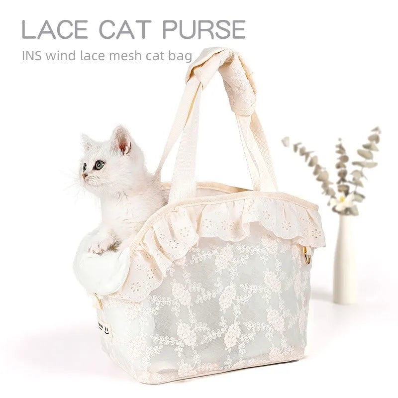 Cat Bag Portable Take-Out Portable Dog Bag Crossbody Pet Accessories Lace Mesh Breathable Cat Shoulder Bag