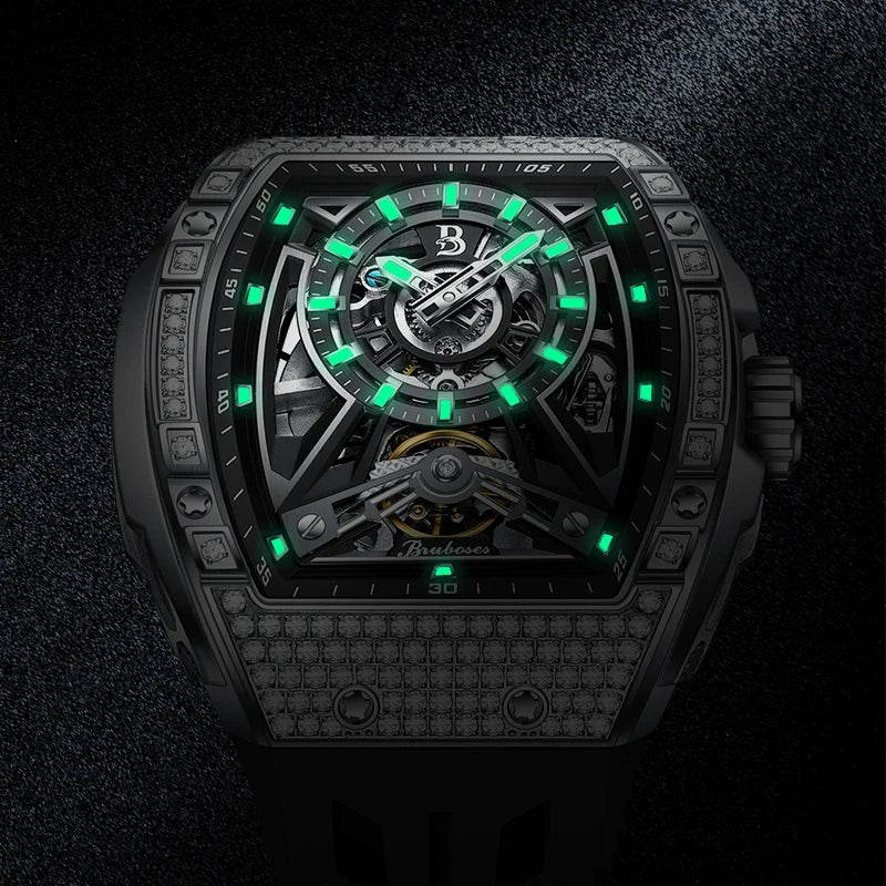 Men Mechanical Winding Watch Montre Homme 2024 New BRUBOSES 5ATM Water Resistant Luminous Tonneau Quartz Wristwatch WIth Diamond