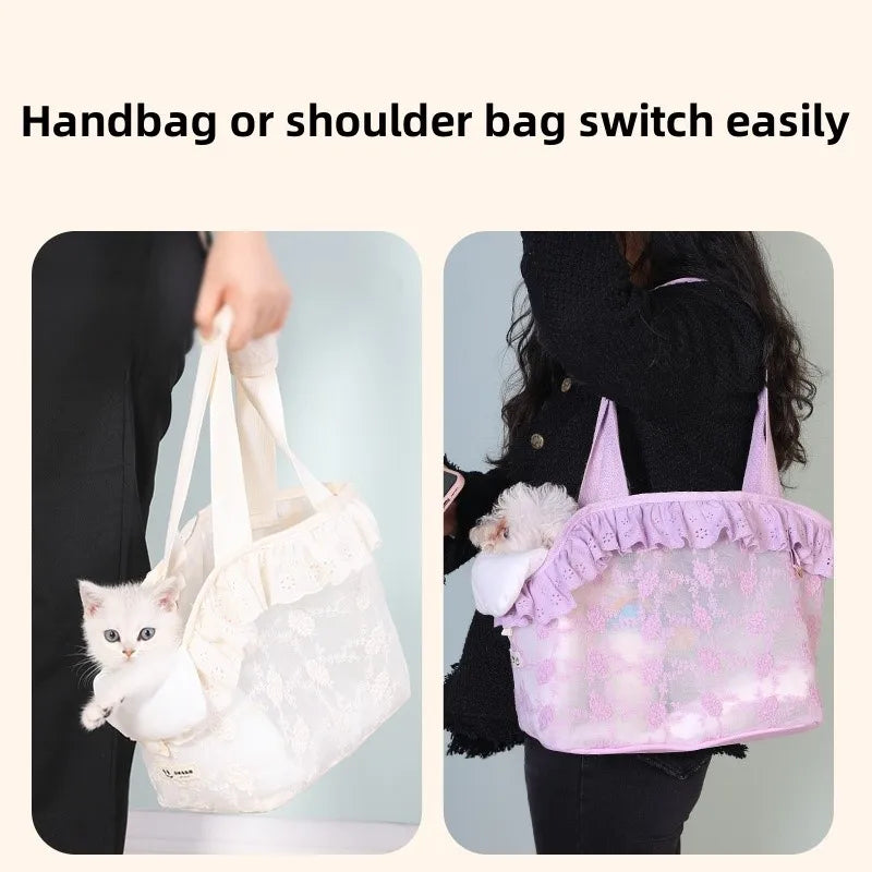 Cat Bag Portable Take-Out Portable Dog Bag Crossbody Pet Accessories Lace Mesh Breathable Cat Shoulder Bag