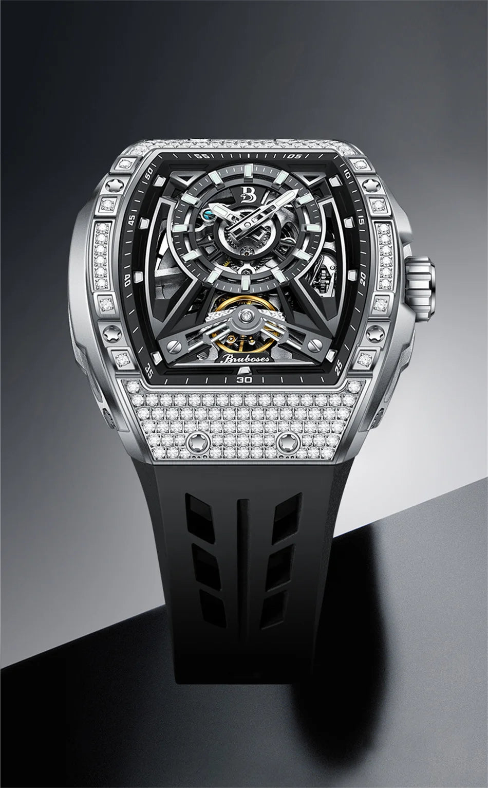 Men Mechanical Winding Watch Montre Homme 2024 New BRUBOSES 5ATM Water Resistant Luminous Tonneau Quartz Wristwatch WIth Diamond