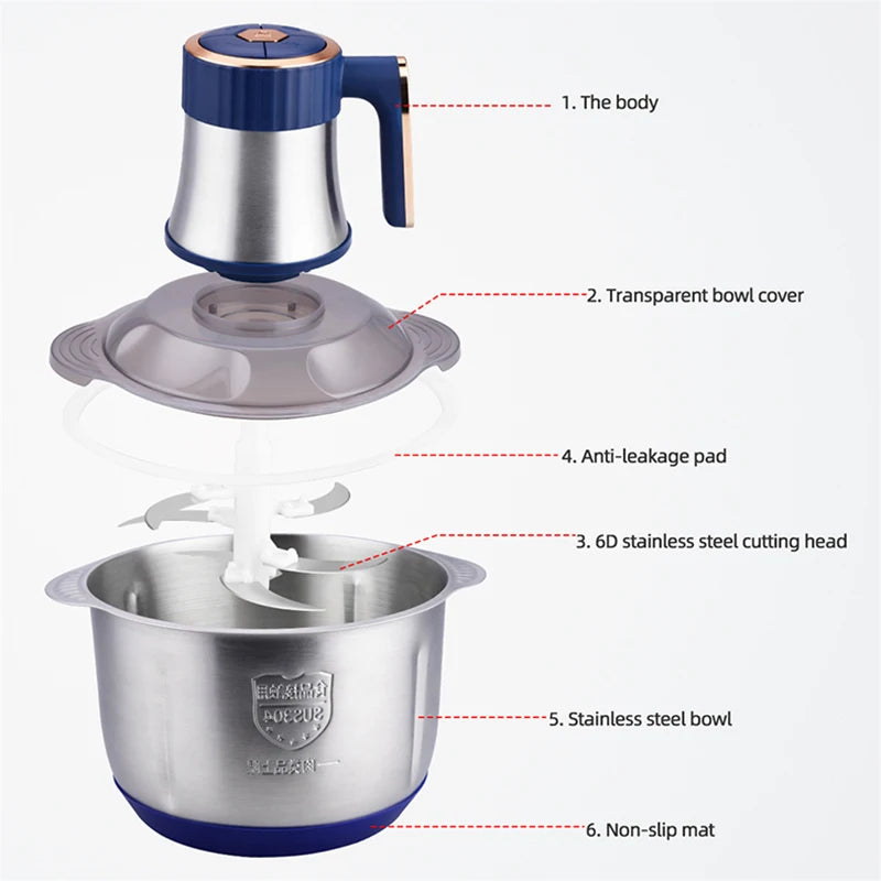 Electric Meat Grinder Household Stainless Steel 5L Mincer Crusher Food Processors Vegetable Chopper Kitchen Appliances