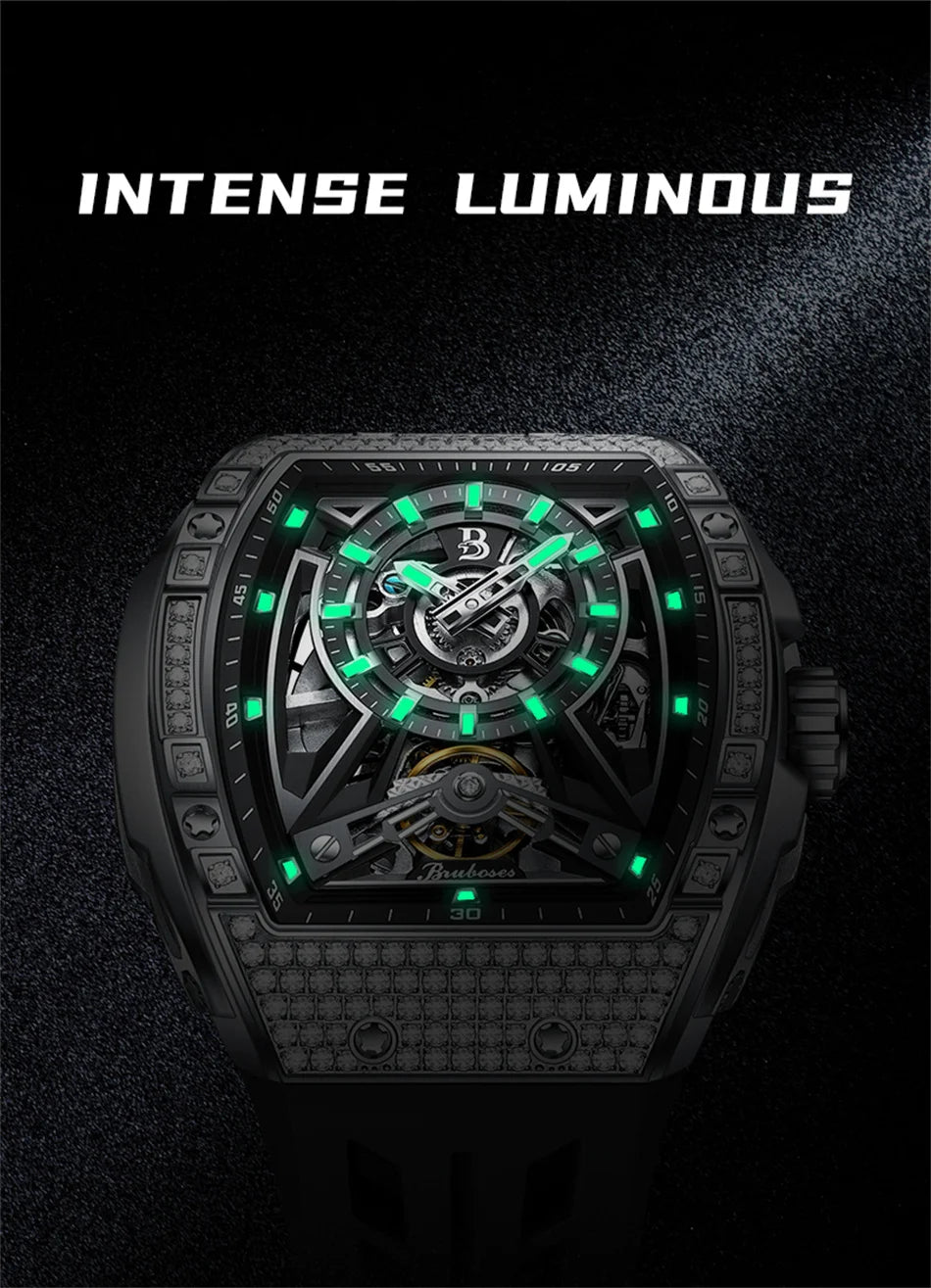 Men Mechanical Winding Watch Montre Homme 2024 New BRUBOSES 5ATM Water Resistant Luminous Tonneau Quartz Wristwatch WIth Diamond